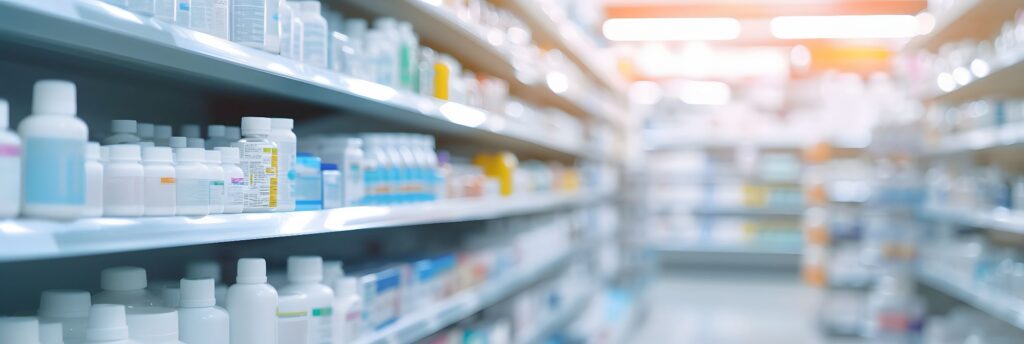 Pharmacy racks containing prescription medications