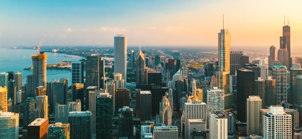 Chicago city skyline with warm sunshine